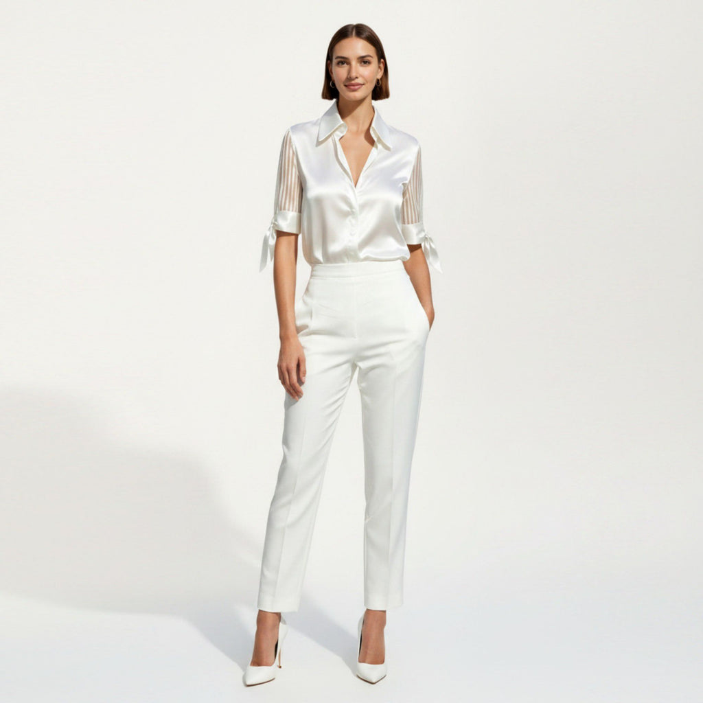 Anna-Kaci Women's Satin Collared Blouse with Sheer Stripe Sleeves and Bow Tie Cuffs