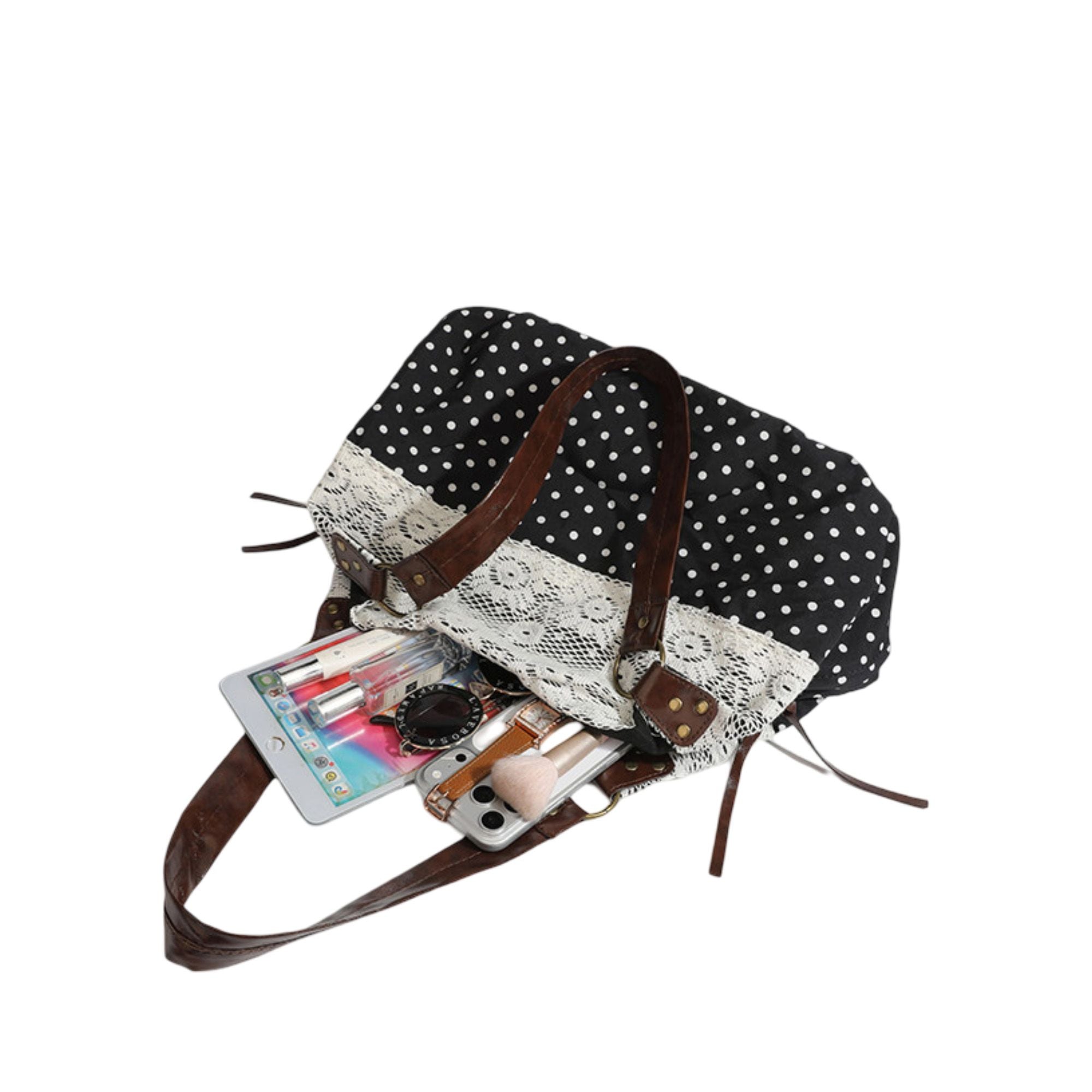 Polka Dot Lace Accent Shoulder Bag for Women