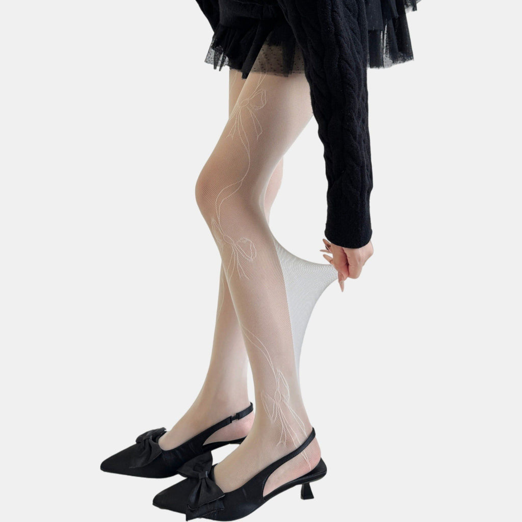 Anna-Kaci Women's Sheer Bow Line Pattern Tights with Soft Stretch Mesh, Delicate Ribbon Artwork, and Smooth Knit Finish One Size Fits Most