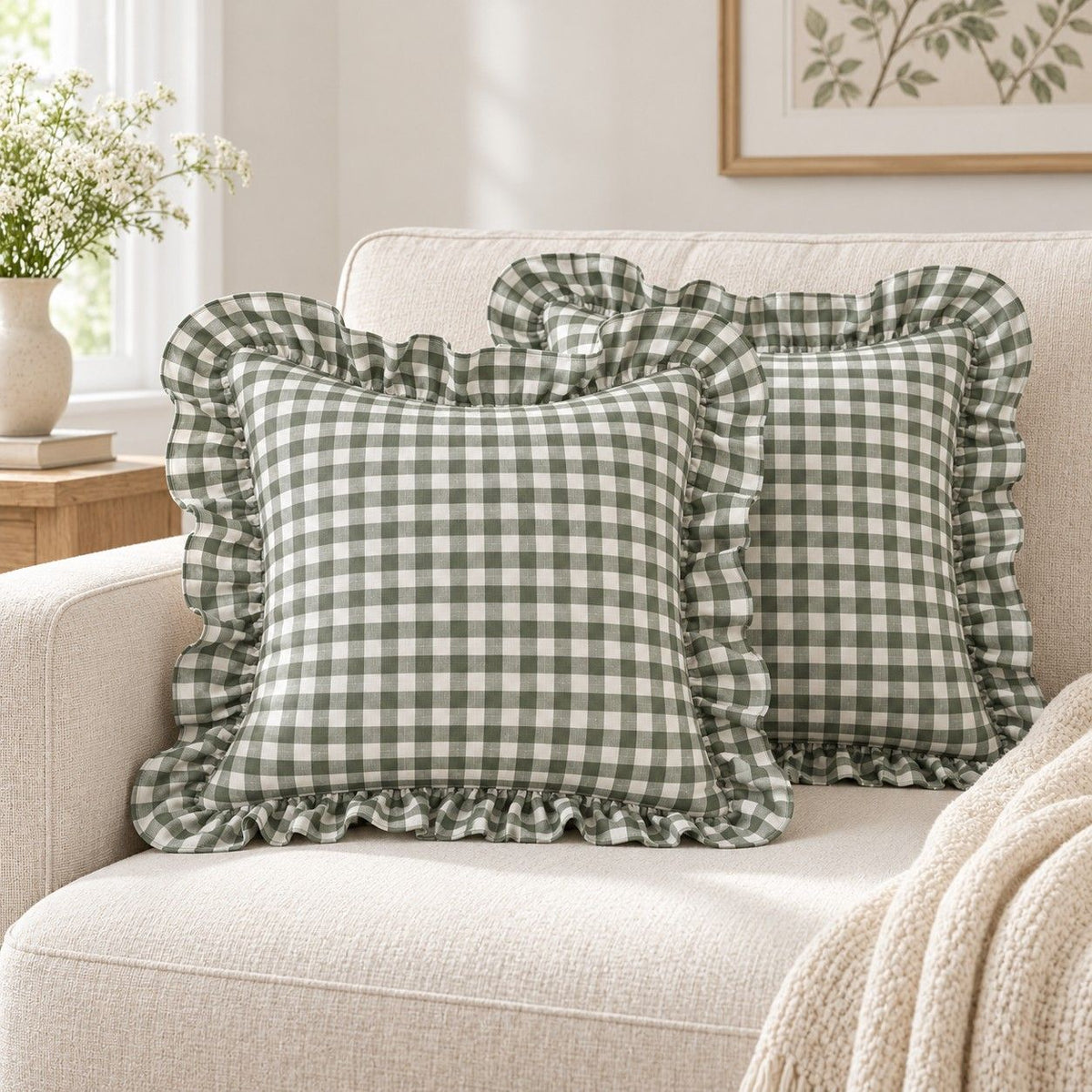 2 Pack Gingham Check Ruffle Throw Pillow Covers 18 x 18 Inch
