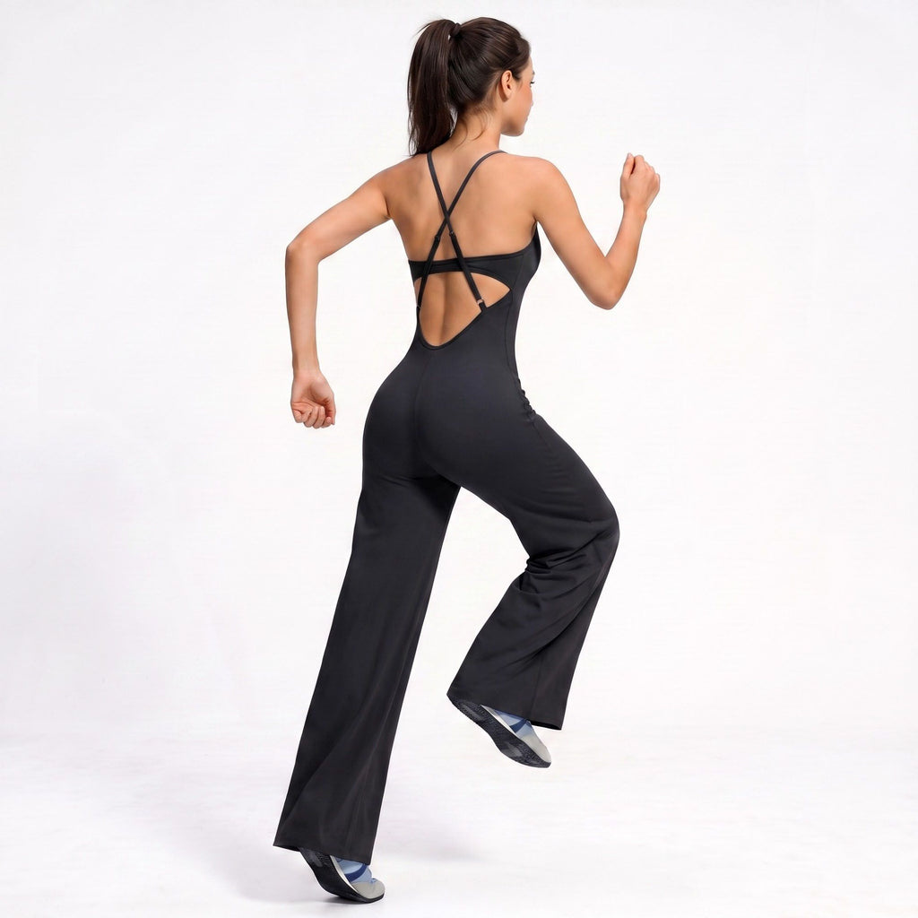Scoop Neck Wide Leg Athletic Jumpsuit with Adjustable Crisscross Back Straps for Yoga Gym