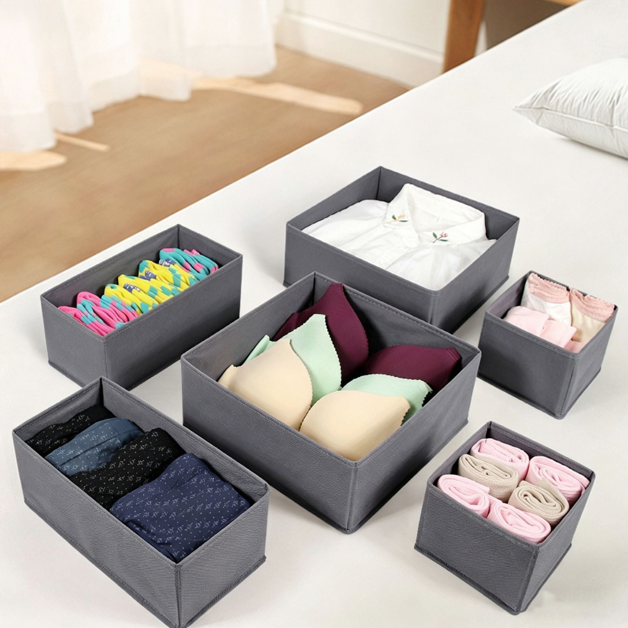 6 Piece Drawer Organizer Set Closet Storage Bins for Underwear Socks Foldable Storage Boxes