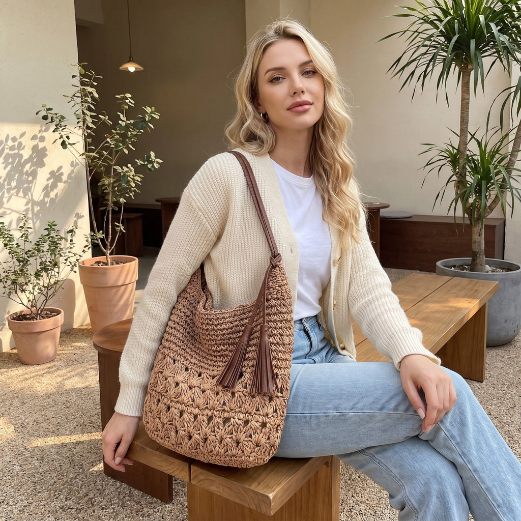 Woven Hobo Shoulder Bag with Magnetic Closure and Slouchy Straw Style Texture