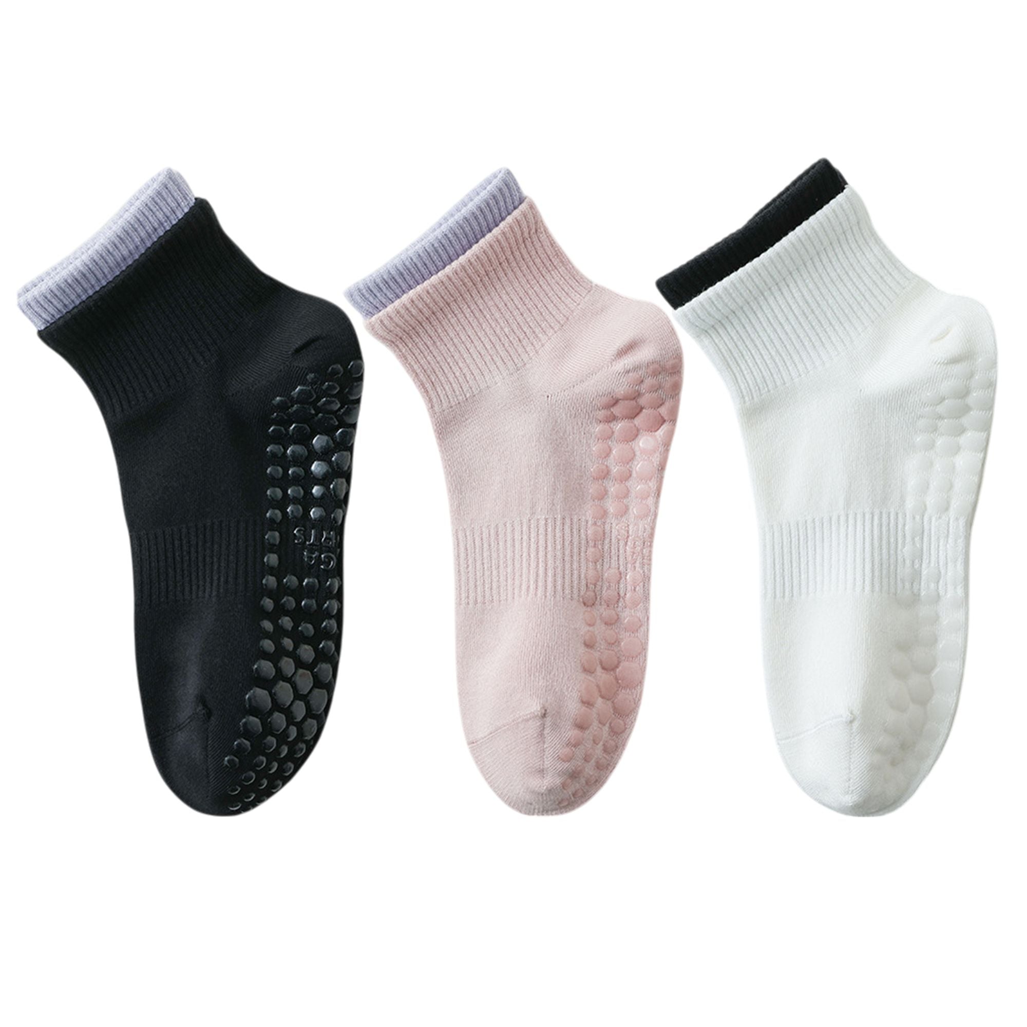 Anna-Kaci Women's 3-Pair Set Short Ankle Grip Socks with Ribbed Cuffs Cushioned Soles and Anti-Slip Bottom for Walking or Yoga