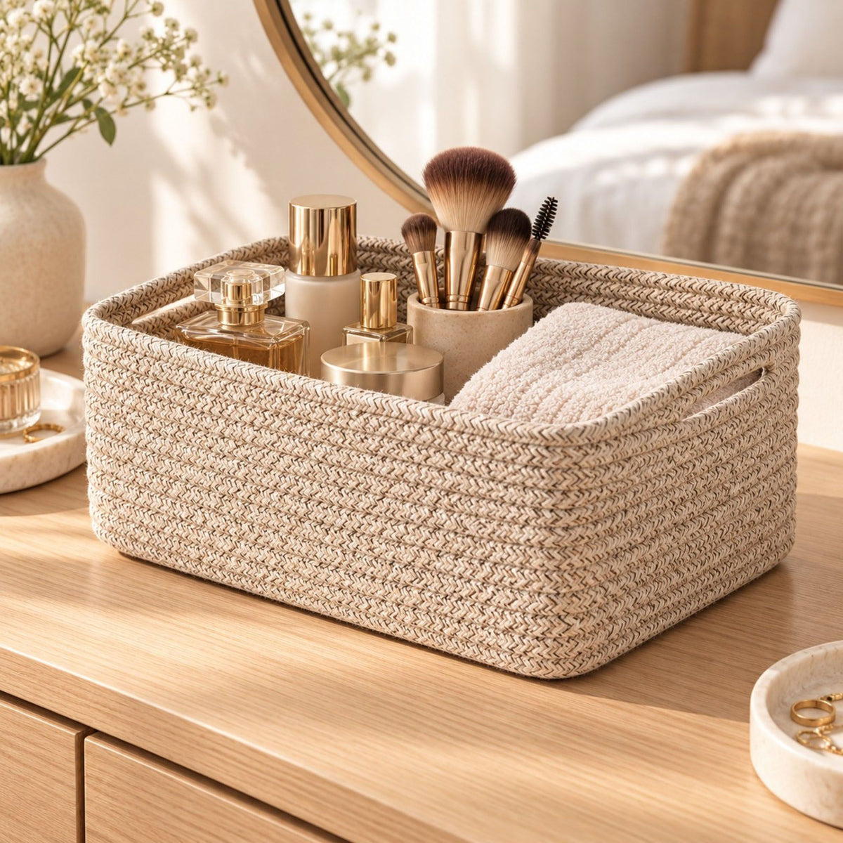 3 Piece Rectangular Woven Cotton Cord Desktop Storage Basket Set