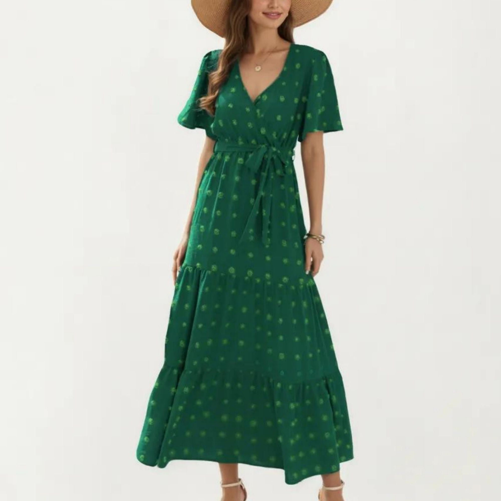 Anna-Kaci Women's Short Sleeve Maxi Dress with Wrap Front Waist Tie and Tiered Skirt