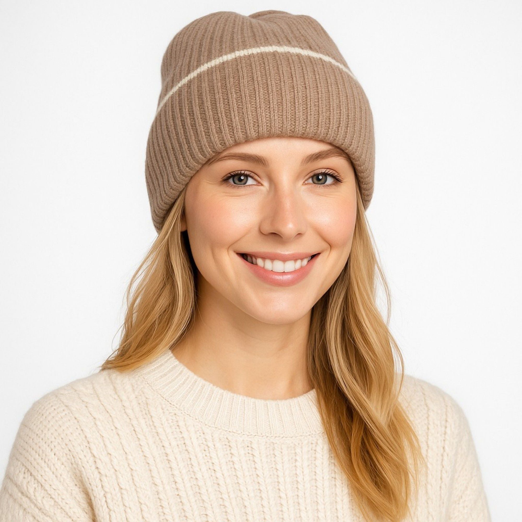 Anna-Kaci Women's Ribbed Knit Beanie Hat with Contrast Trim and Folded Cuff