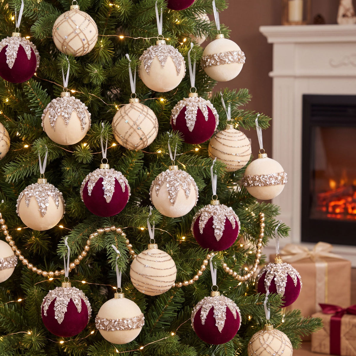 12ct Flocked Christmas Ball Ornament Set with Glitter Beaded Holiday Tree Decorations
