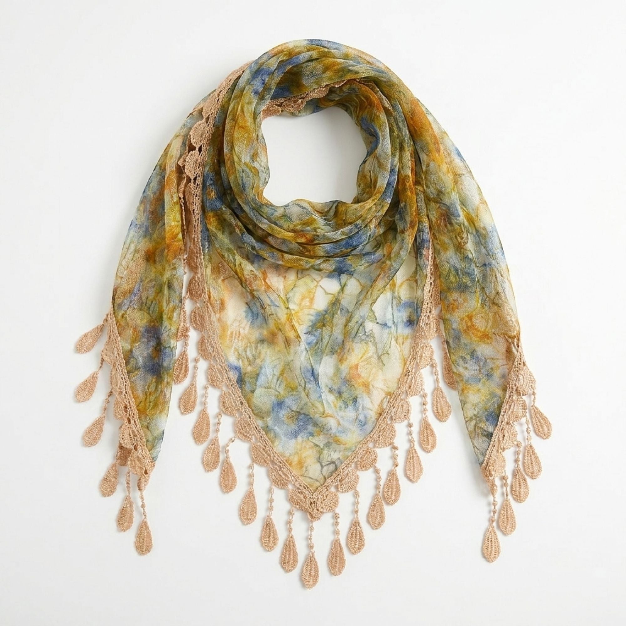 Floral Triangle Scarf with Lace Fringe Trim