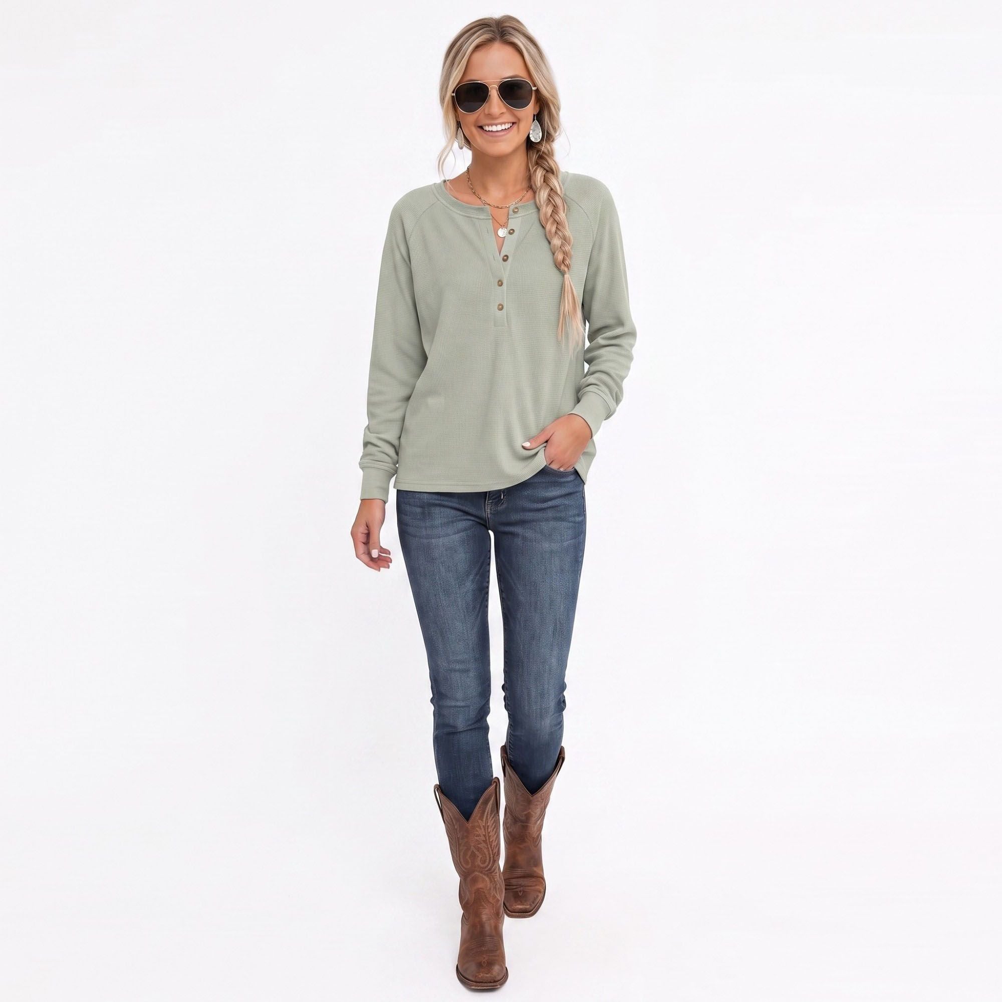 Waffle Knit Henley Raglan Long Sleeve Top