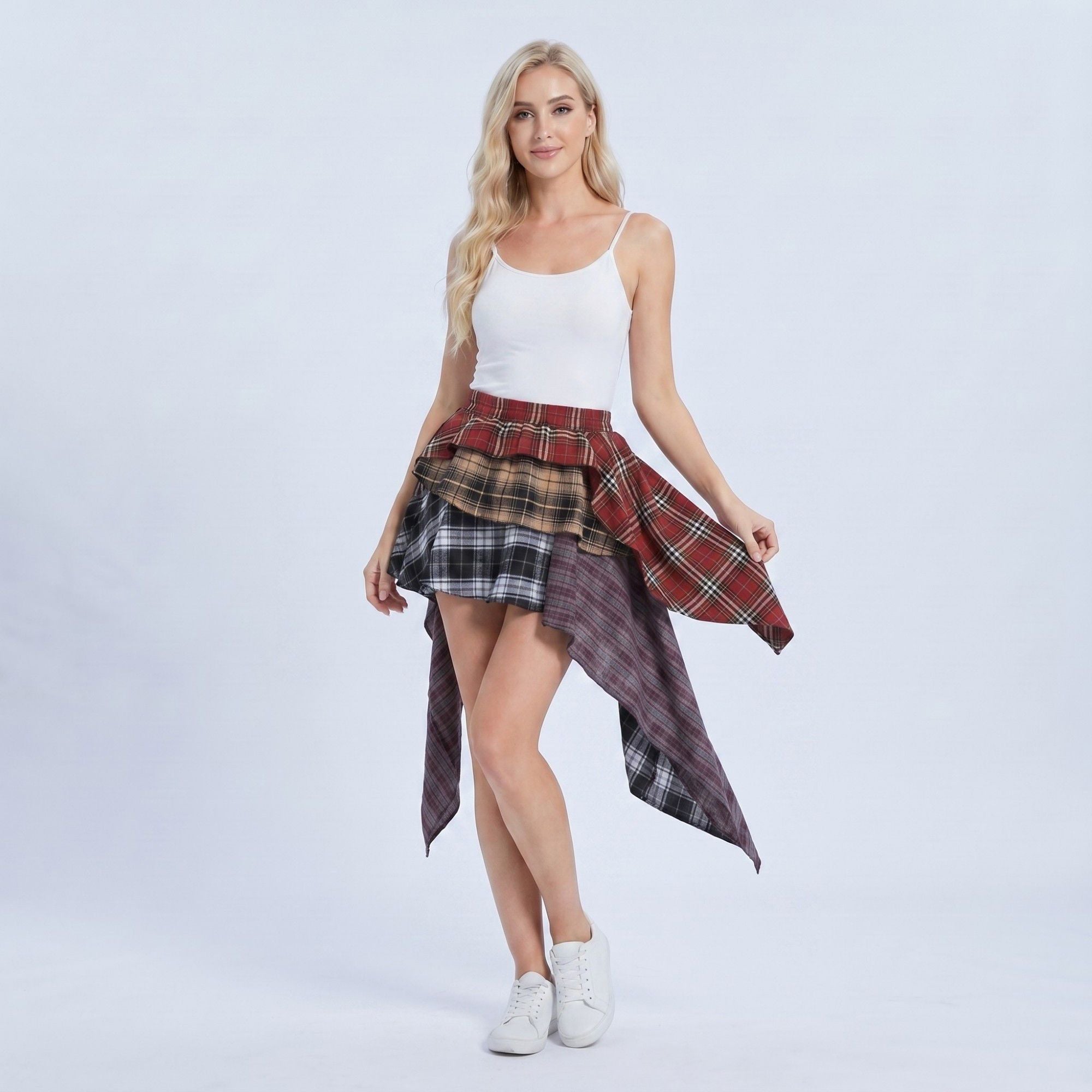 Anna-Kaci Women's Plaid Tiered High Low Ruffle Mini Skirt with Elastic Waist