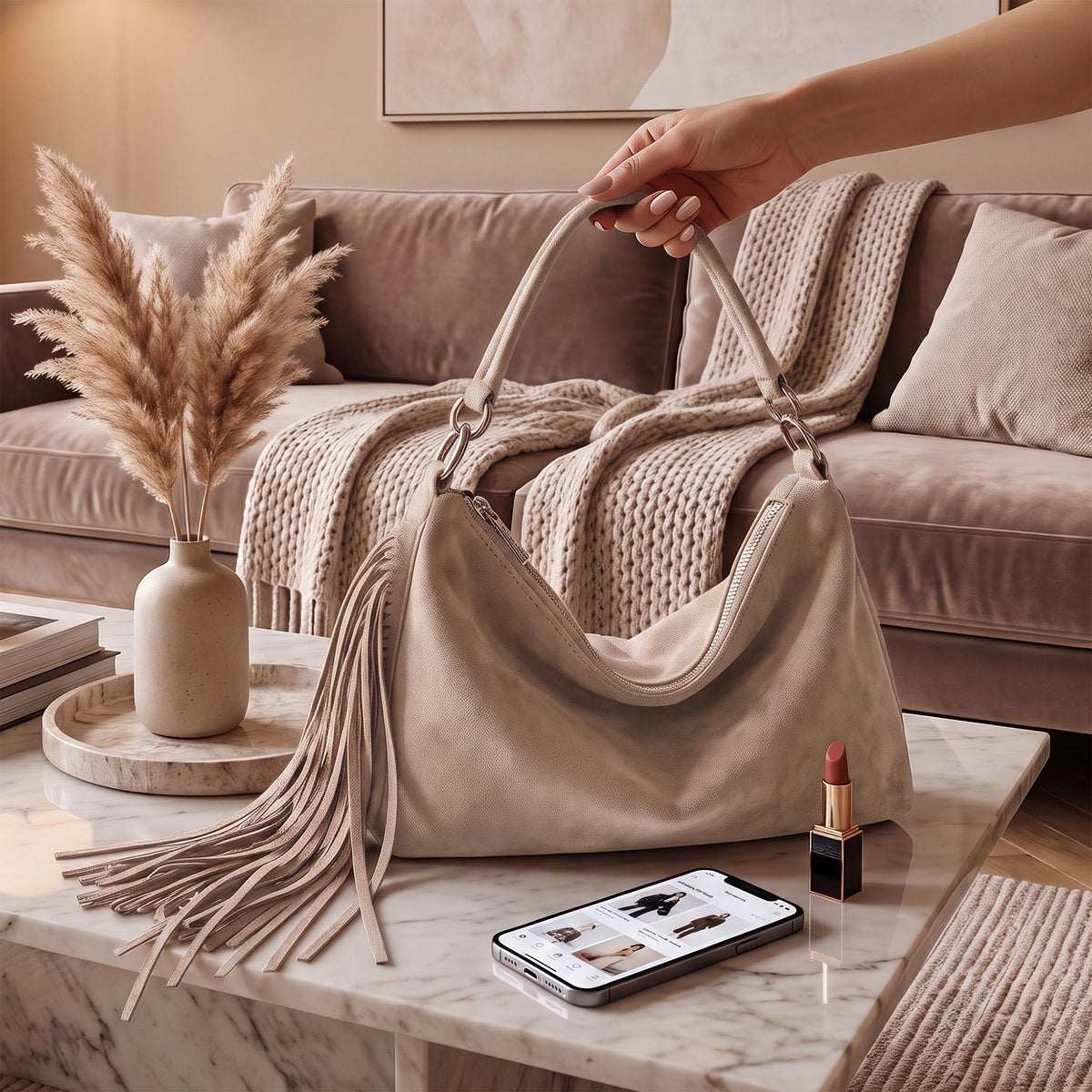Slouchy Shoulder Handbag with Fringe Tassel and Zipper Closure