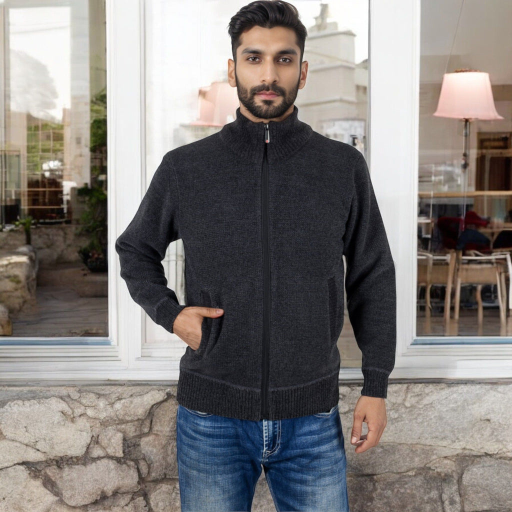 Anna-Kaci Men's Zip-Up Ribbed Knit Cardigan Sweater with Stand Collar