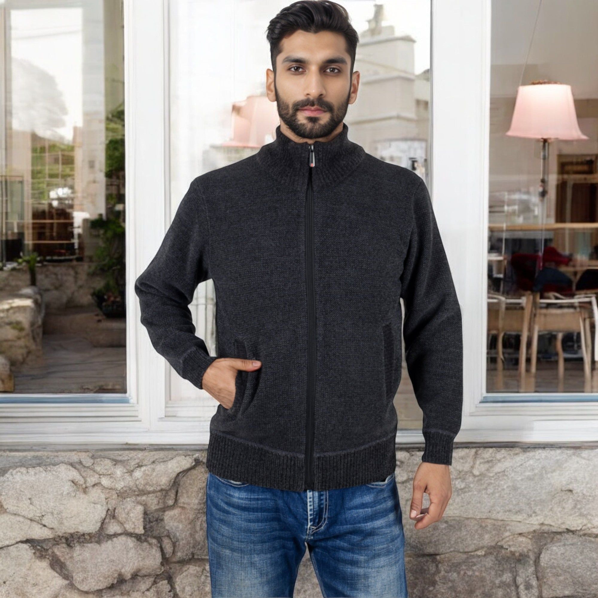 Anna-Kaci Men's Zip-Up Ribbed Knit Cardigan Sweater with Stand Collar