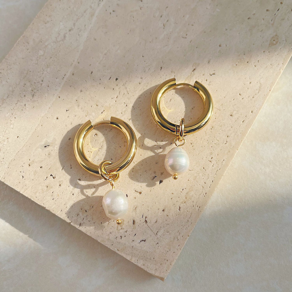 Hoop Earrings with Faux Pearl Drop Charm and Polished Finish