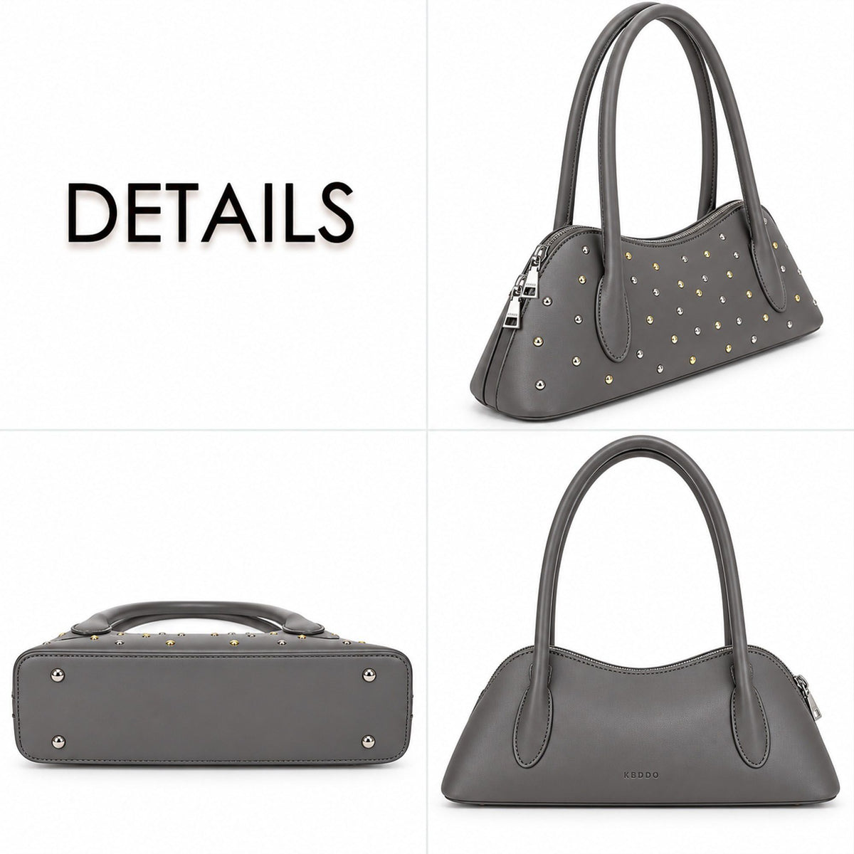 Studded Satchel Handbag with Long Handles Zip Closure and Interior Pocket