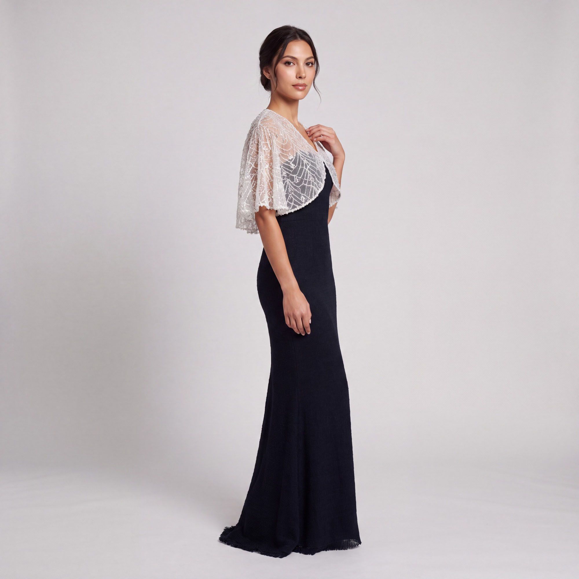 Sheer Sequin Embroidered Mesh Capelet Shrug with Scalloped Edge and Draped Short Sleeves