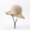 Crochet Wide Brim Sun Hat with Floral Accent Scalloped Edge and Chin Strap