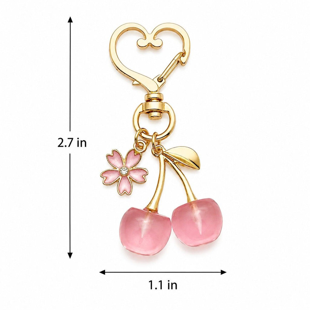2-Pack Translucent Cherry Bag Charm Keychains with Flower Accents and Gold-Tone Heart Clasps