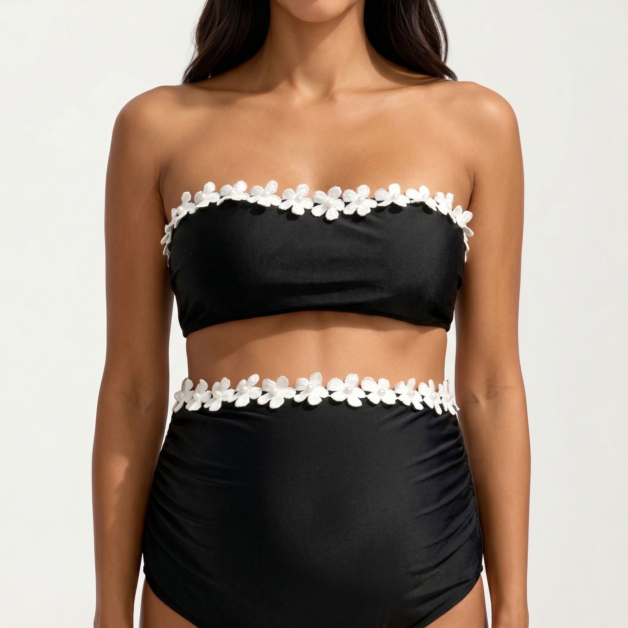 Anna-Kaci Swim Women's Maternity Bandeau Two-piece Swimsuit with Floral Trim and High-Waisted Bottom
