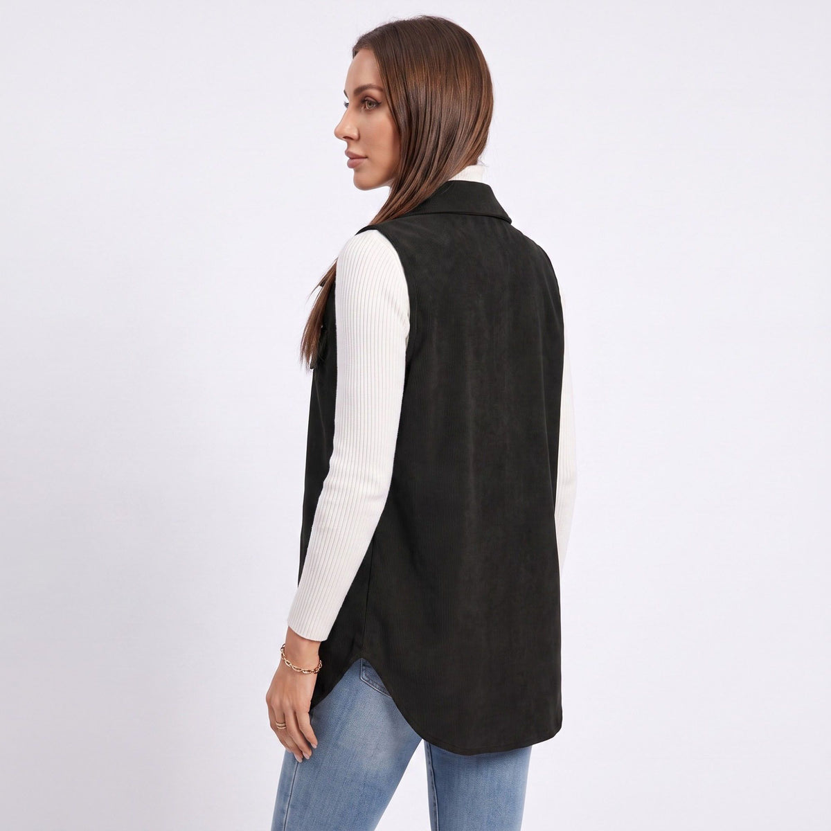 Button Front Corduroy Vest with Flap Pockets