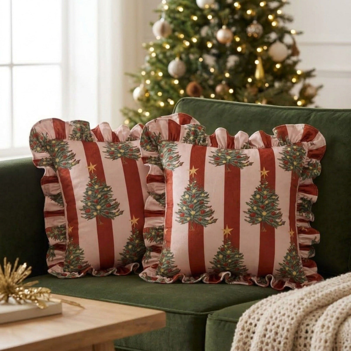 2 Pack Christmas Tree Ruffle Decorative Throw Pillow Covers