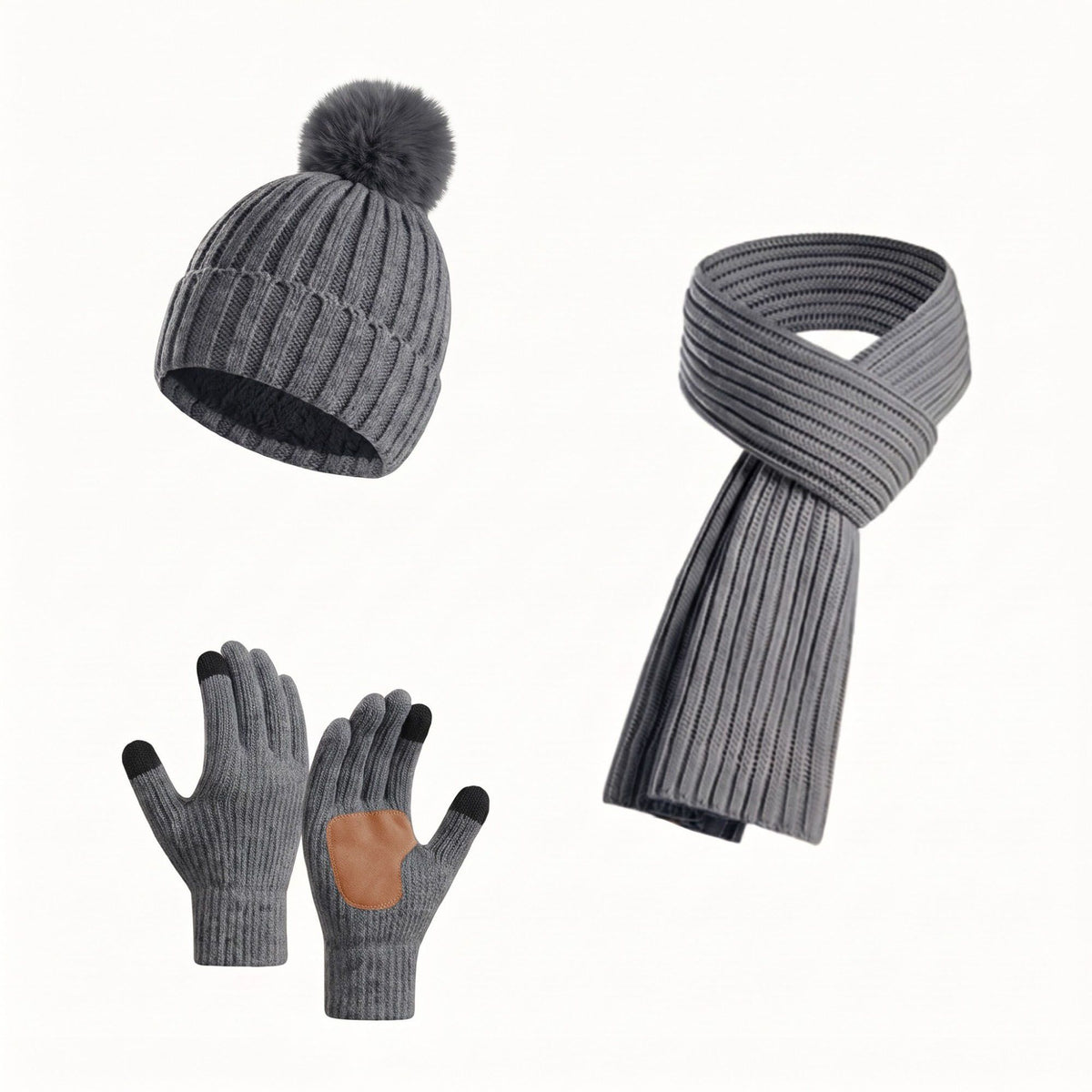 3 Piece Pom Beanie Scarf and Touchscreen Gloves Winter Set