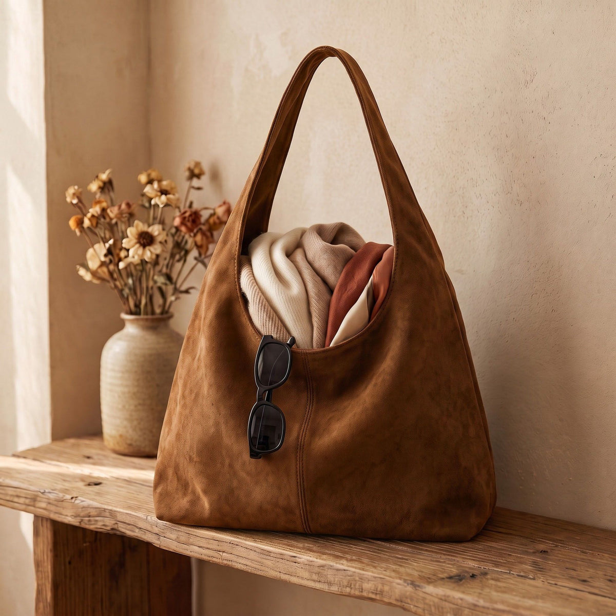 Faux Suede Hobo Shoulder Bag Large Soft Slouchy Tote