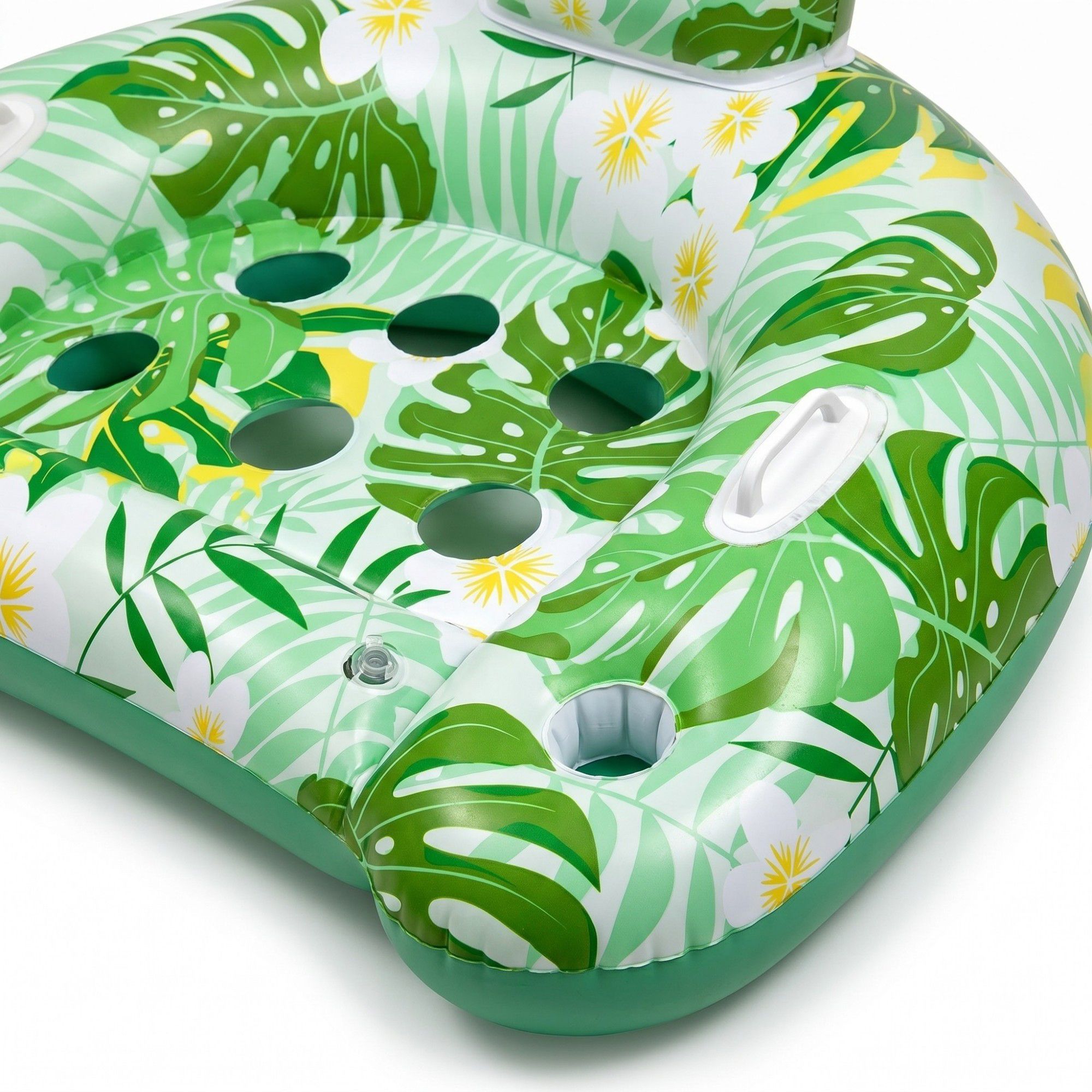 Inflatable Pool Lounger with Tropical Leaf Print and Cup Holders