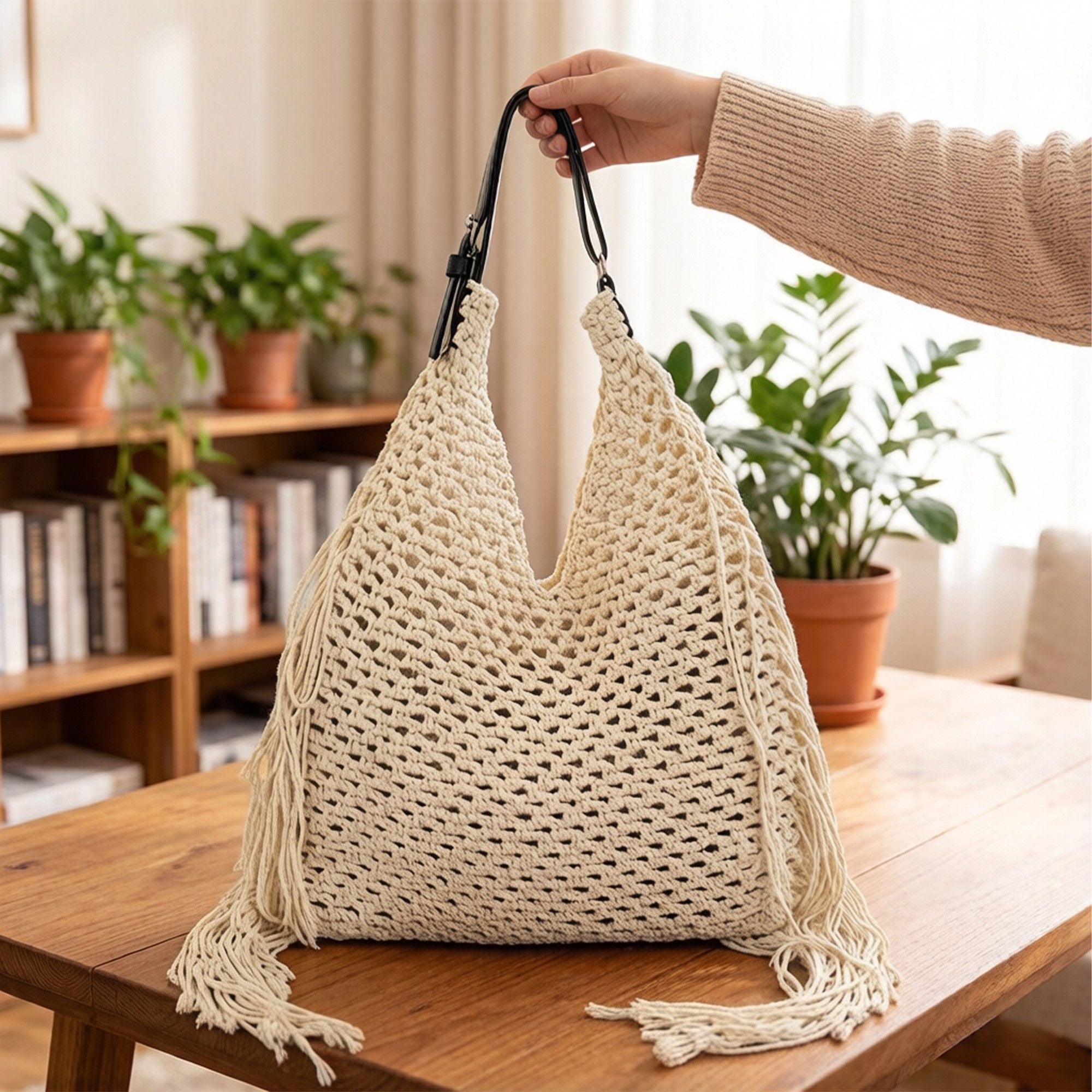 Woven Crochet Shoulder Bag with Fringe Detail Slouchy Hobo Style Lightweight Handbag