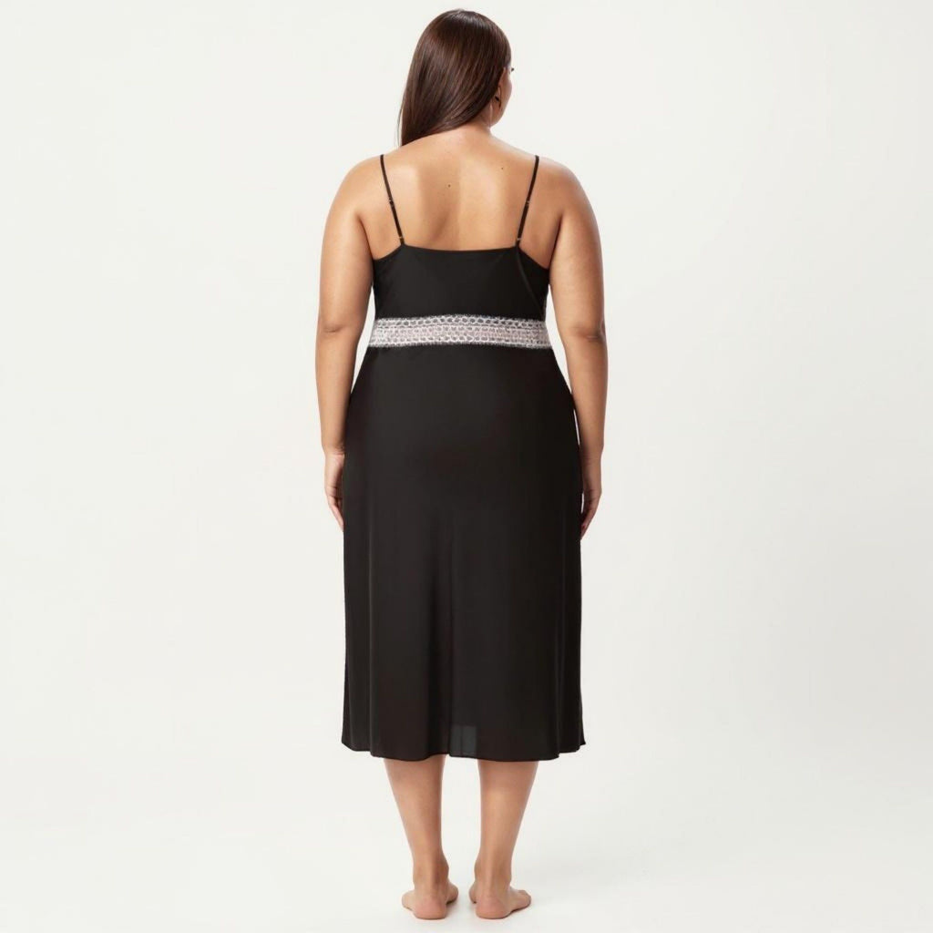 Anna-Kaci Lounge Women's Plus Size Satin Slip Dress with Lace Waist Detail Adjustable Spaghetti Straps Midi Sleepwear Nightgown