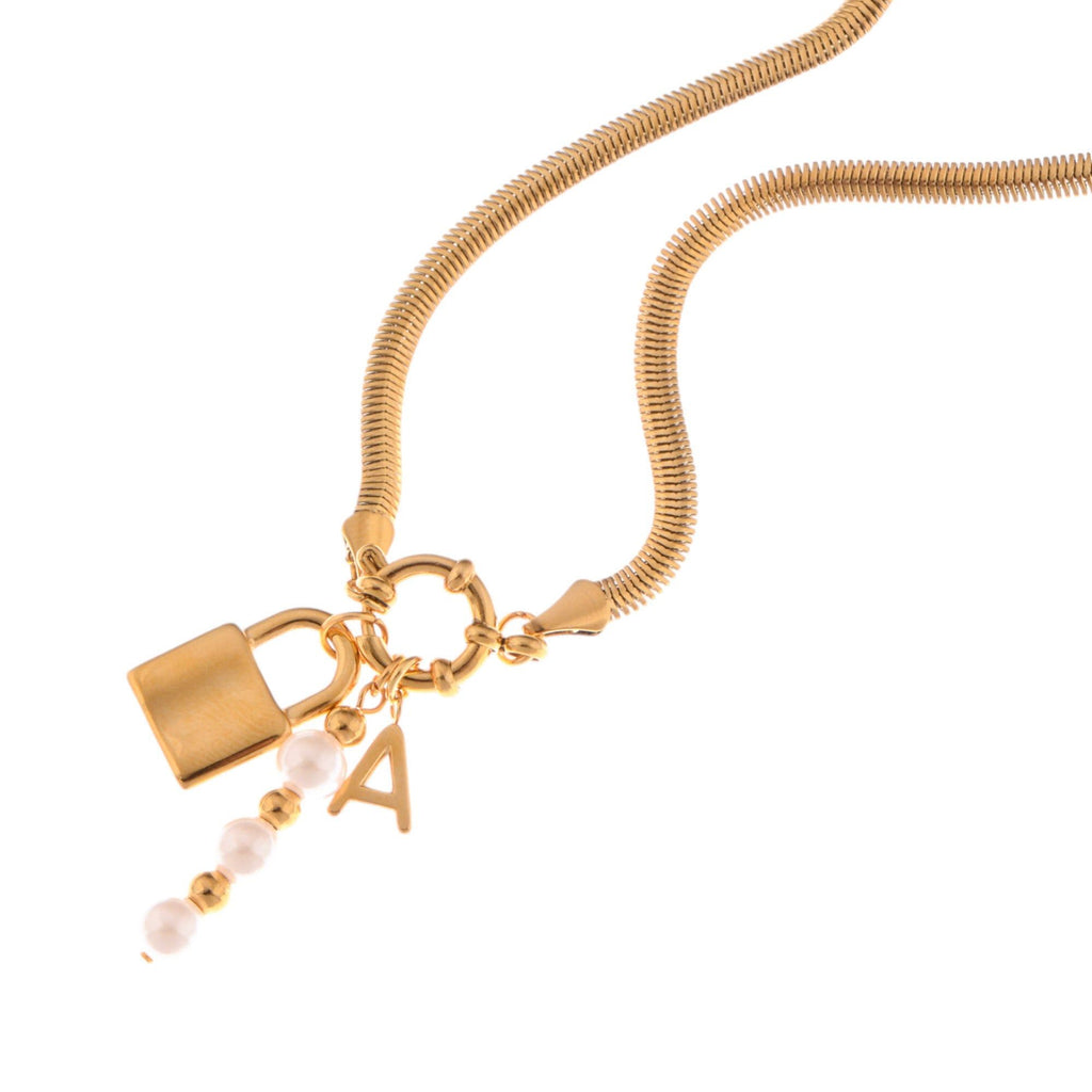 Fashion Gold-Tone Lock Pendant Fashion Necklace with Pearl and Initial Charm Details