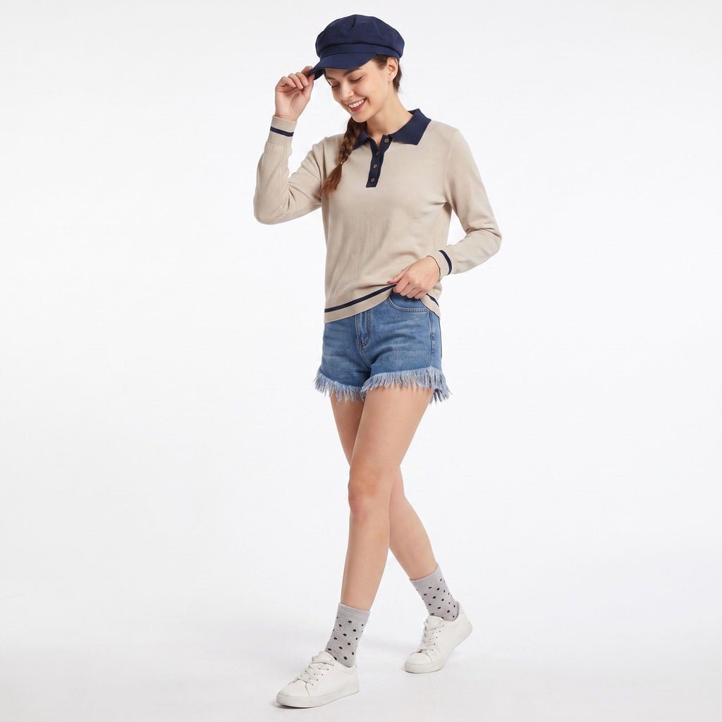 Contrast Collar Button Placket Long Sleeve Knit Sweater