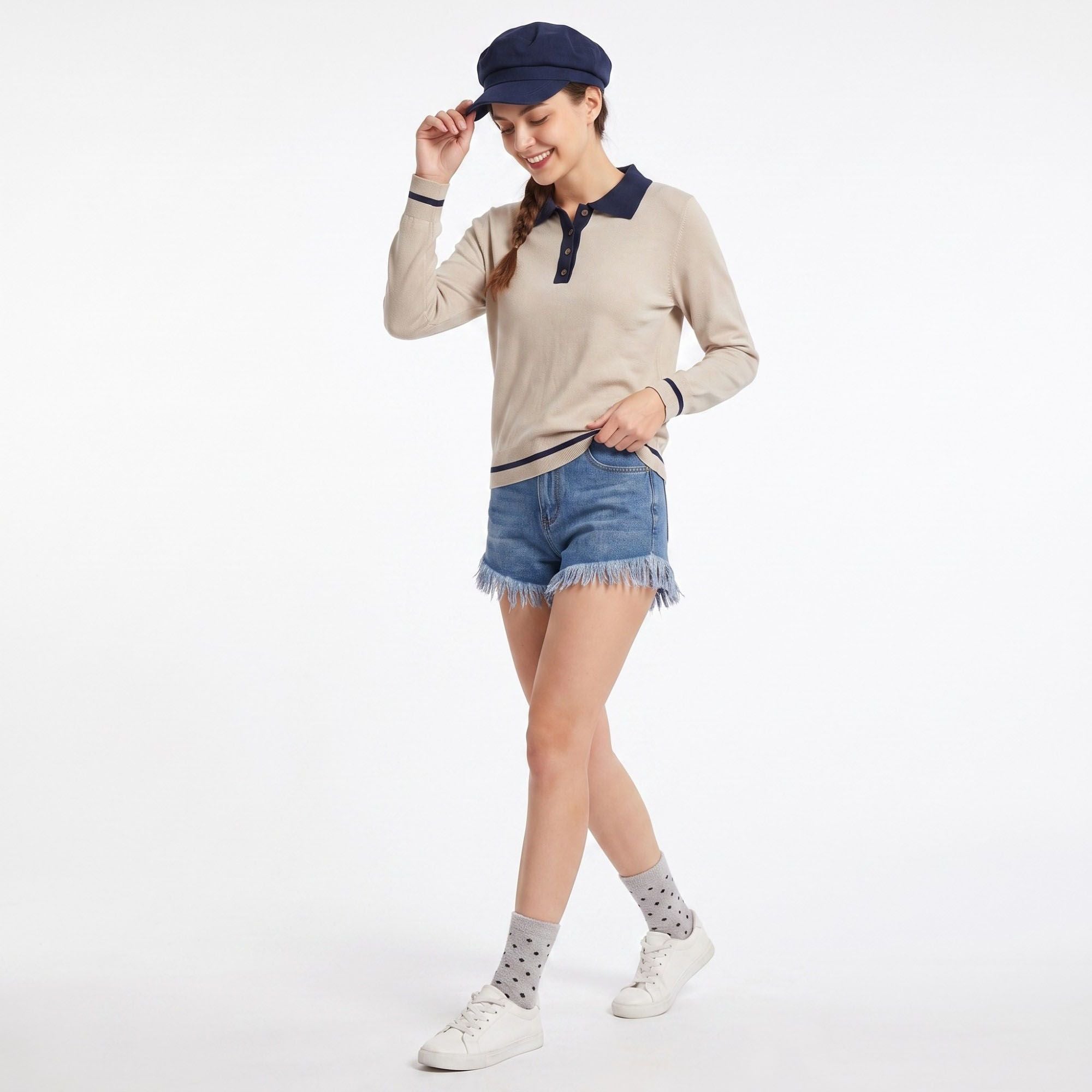 Contrast Collar Button Placket Long Sleeve Knit Sweater