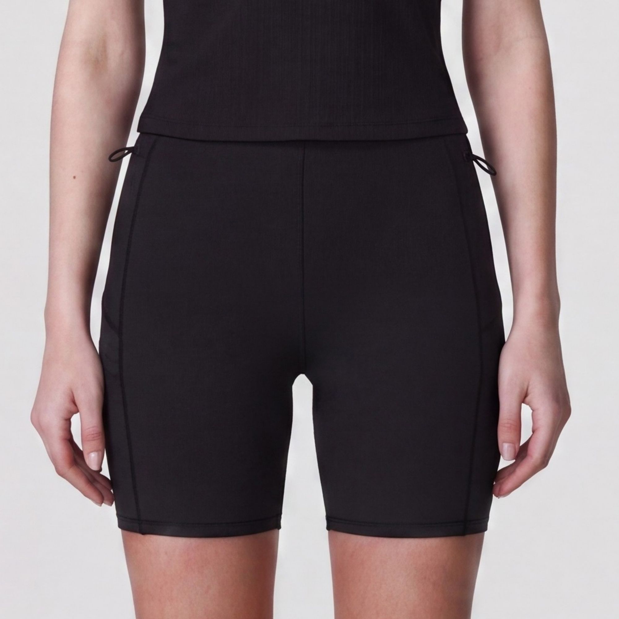 High Waist Ribbed Biker Shorts with Side Pocket and Adjustable Drawcord Detail
