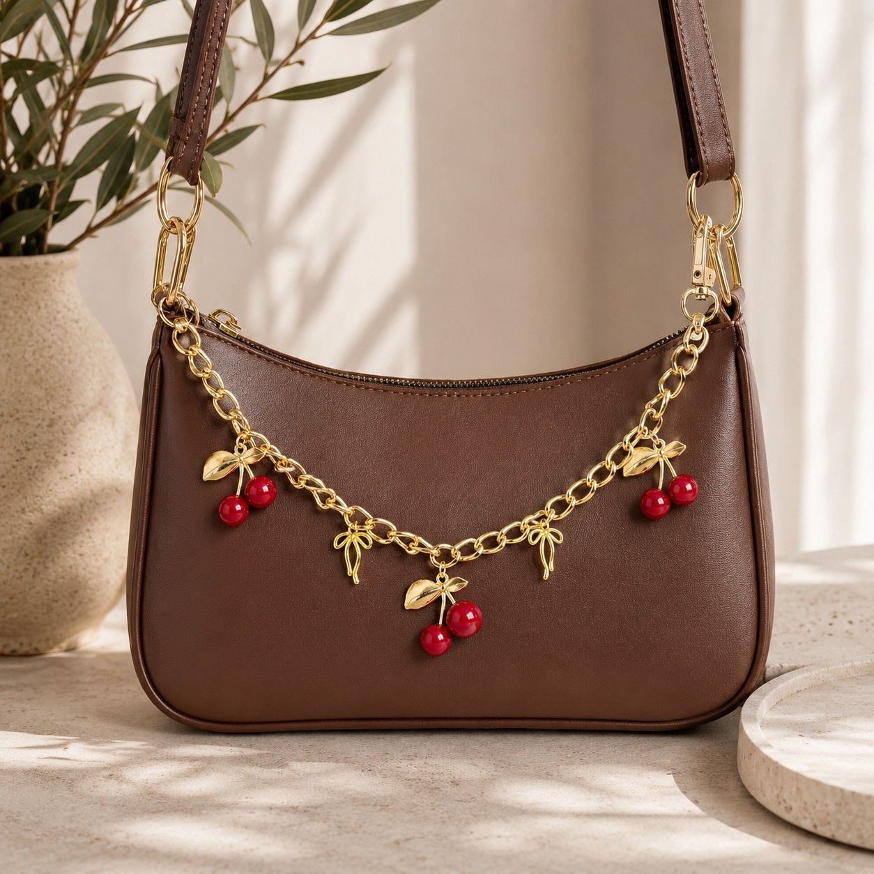 Cherry Charm Decorative Bag Chain with Double Clasps and Gold-Tone Hardware