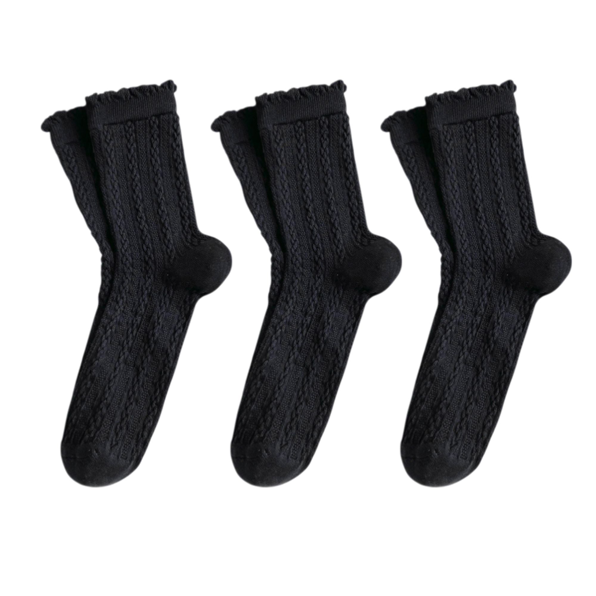 Anna-Kaci 3 Pairs Mid-Crew Cable Knit Socks with Ruffle Cuffs Soft Stretchy Vintage-Inspired Design