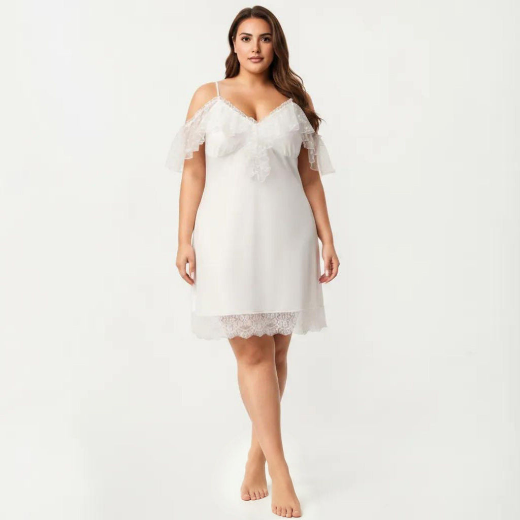 Anna-Kaci Lounge Women's Plus Size Chiffon Chemise Ruffle Sleeve Lace Trim Nightgown Adjustable Strap Sleep Dress