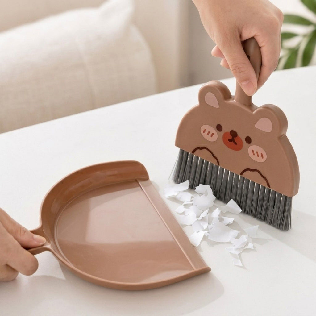 2-Piece Mini Dustpan and Brush Set with Animal Face Design for Tabletop Cleaning
