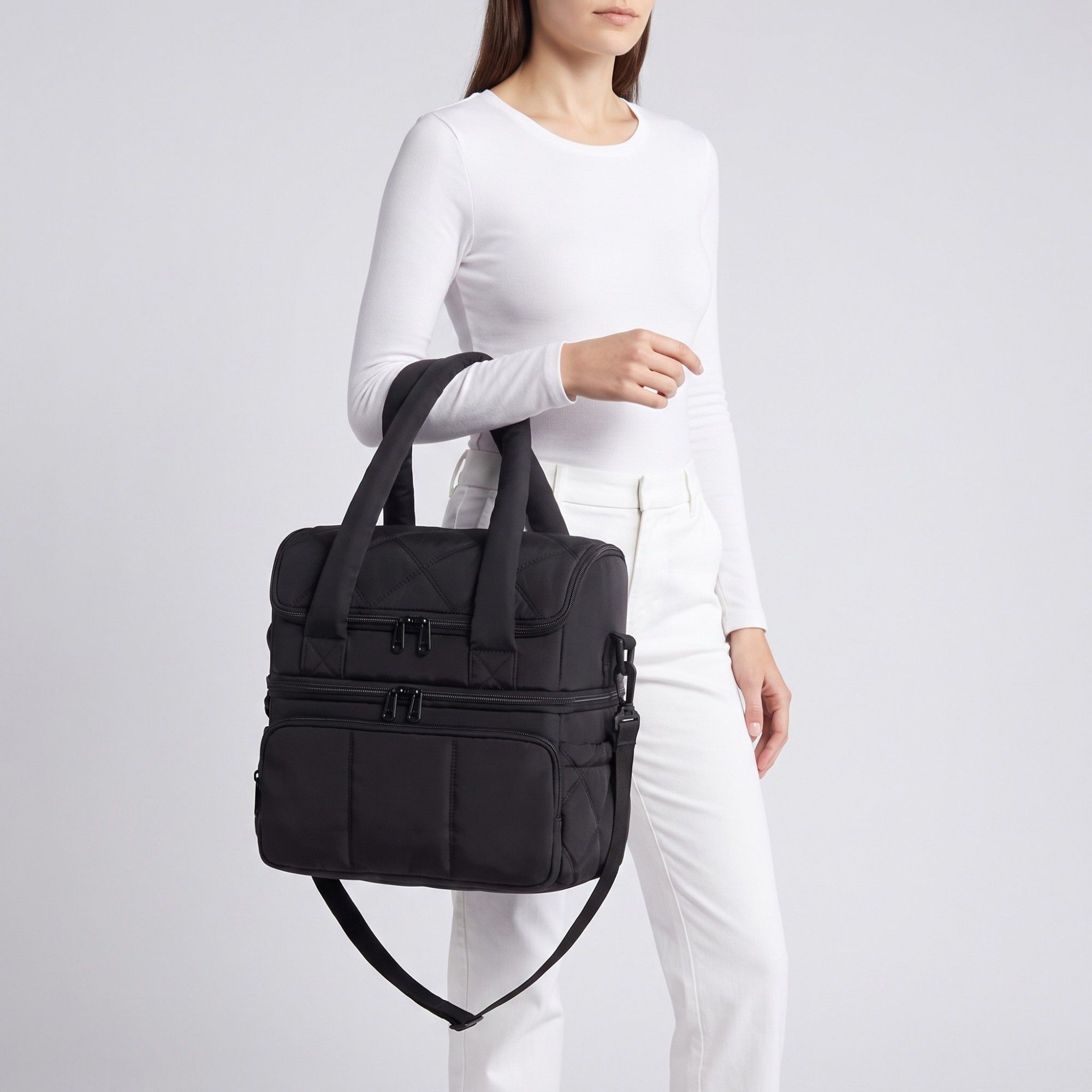Quilted Multi-Compartment Lunch Tote Bag with Padded Top Handles and Detachable Shoulder Strap 10x10x7.1in