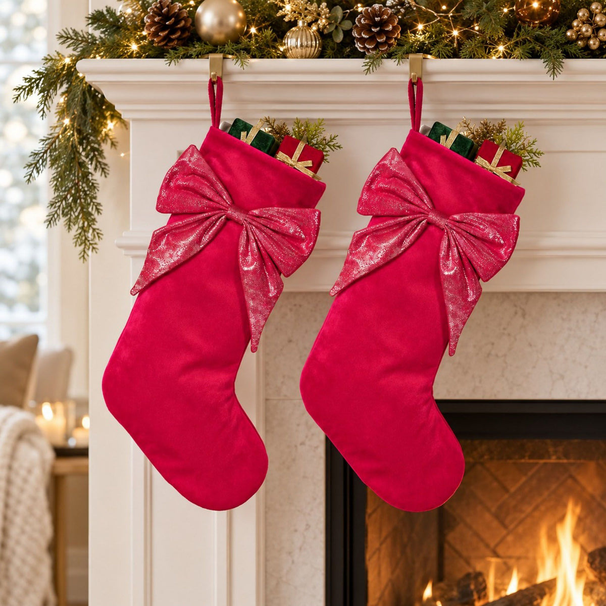 2 Pack 18 Inch Christmas Stockings with Oversized Bow Hanging Loop Holiday Mantel Decor