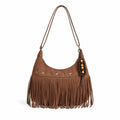 Suede-Like Fringe Hobo Shoulder Bag with Studded Star and Beaded Charm Details