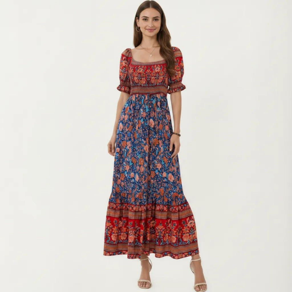 Anna-Kaci Women's Puff Sleeve Maxi Dress with Mixed Floral Print and Border Hem