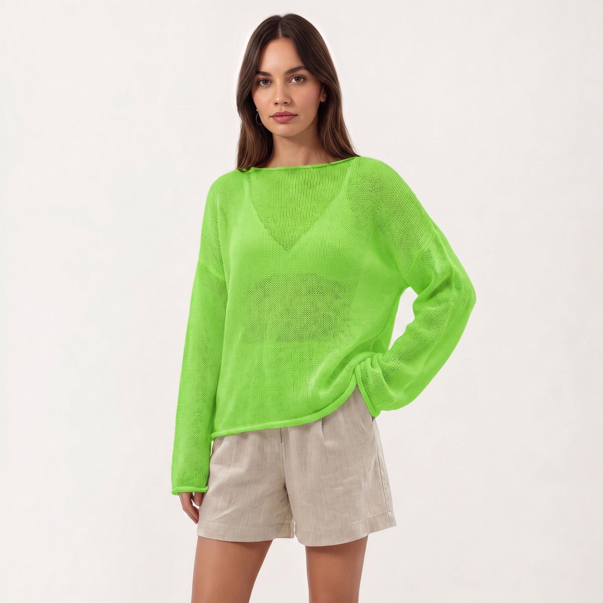 Saco de punto abierto ligero de manga larga Anna-Kaci para mujer con ajuste relajado y textura sutilmente transparente