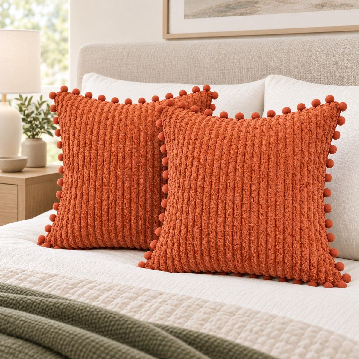 2 Pack Double Sided Corduroy Throw Pillow Covers 18 x 18 Inch with Pom Pom Trim