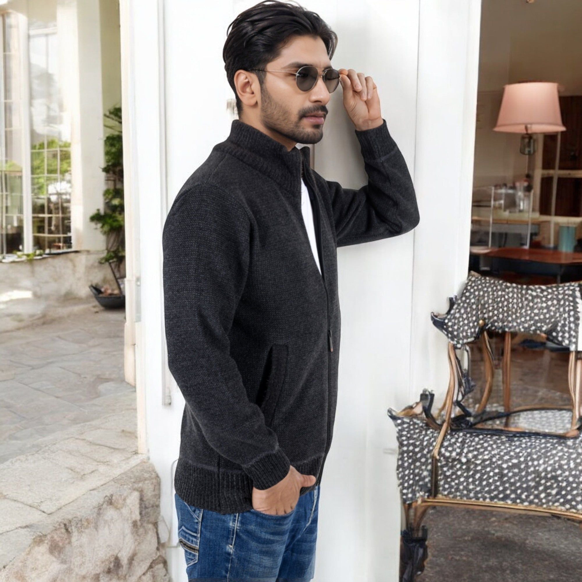 Anna-Kaci Men's Zip-Up Ribbed Knit Cardigan Sweater with Stand Collar