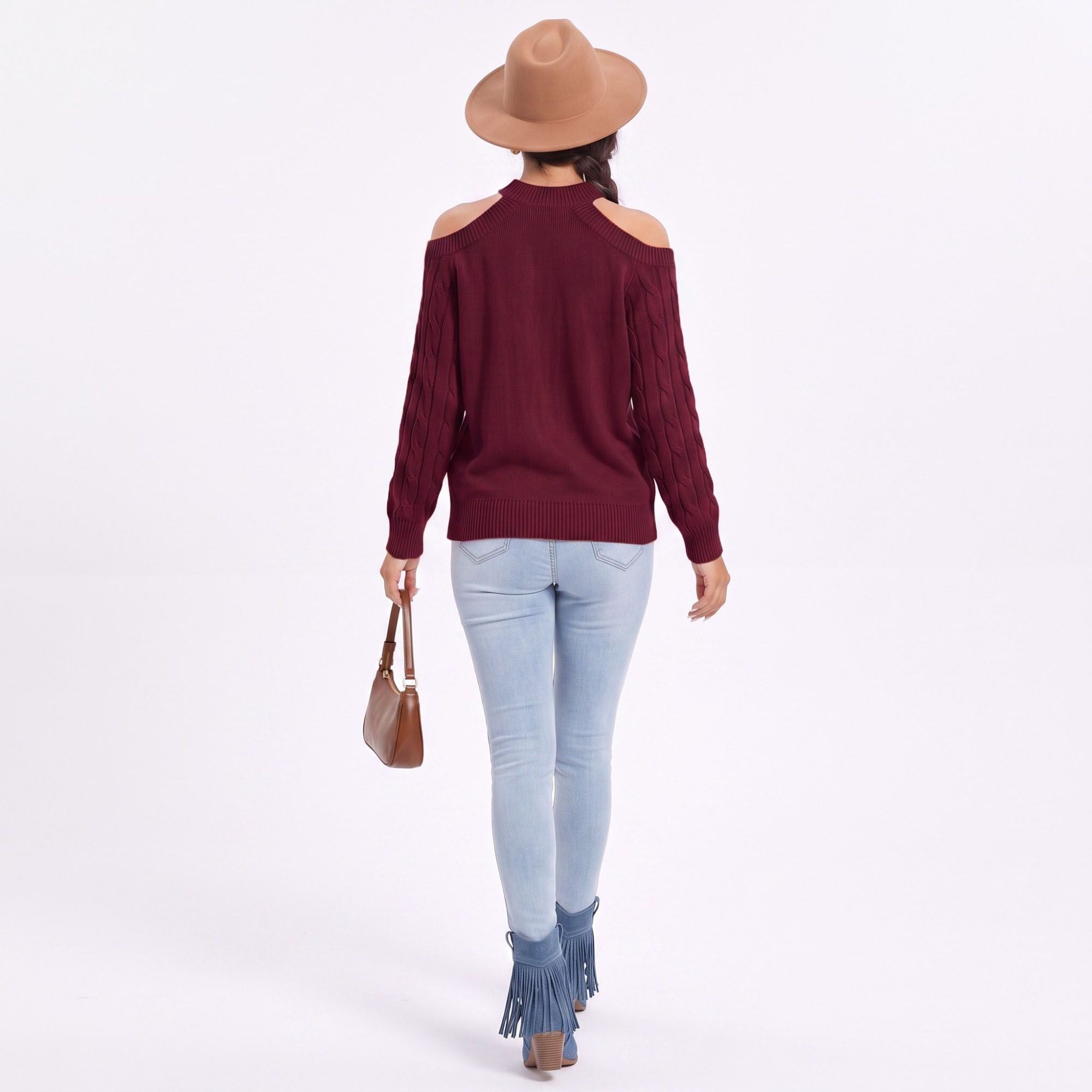 Mock Neck Cold Shoulder Cable Knit Long Sleeve Pullover Sweater