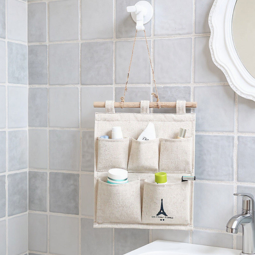 Hanging Wall Organizer with Eiffel Tower Print and Five Canvas Storage Pockets 12.5x9.5 in