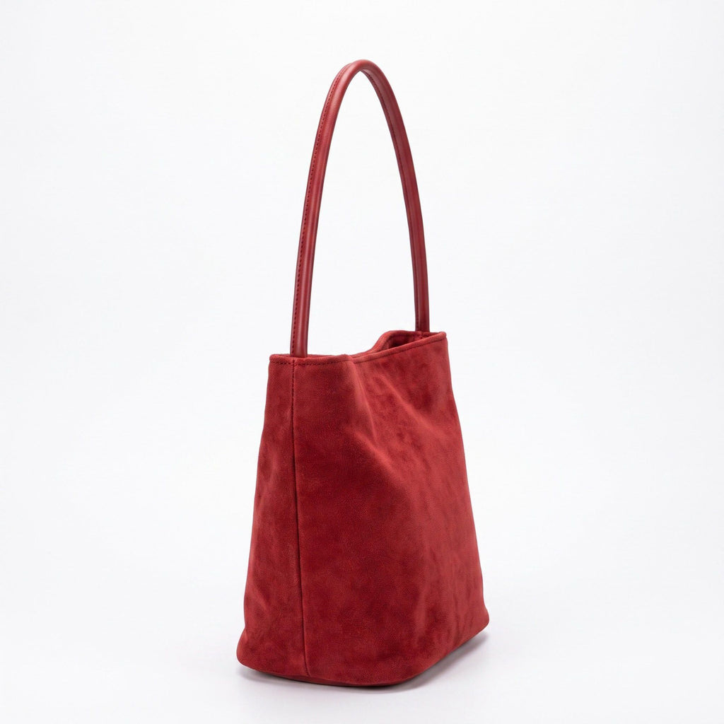 Suede-Look Bucket Shoulder Bag with Long Strap and Soft Structured Shape 9x7.5x6.5in