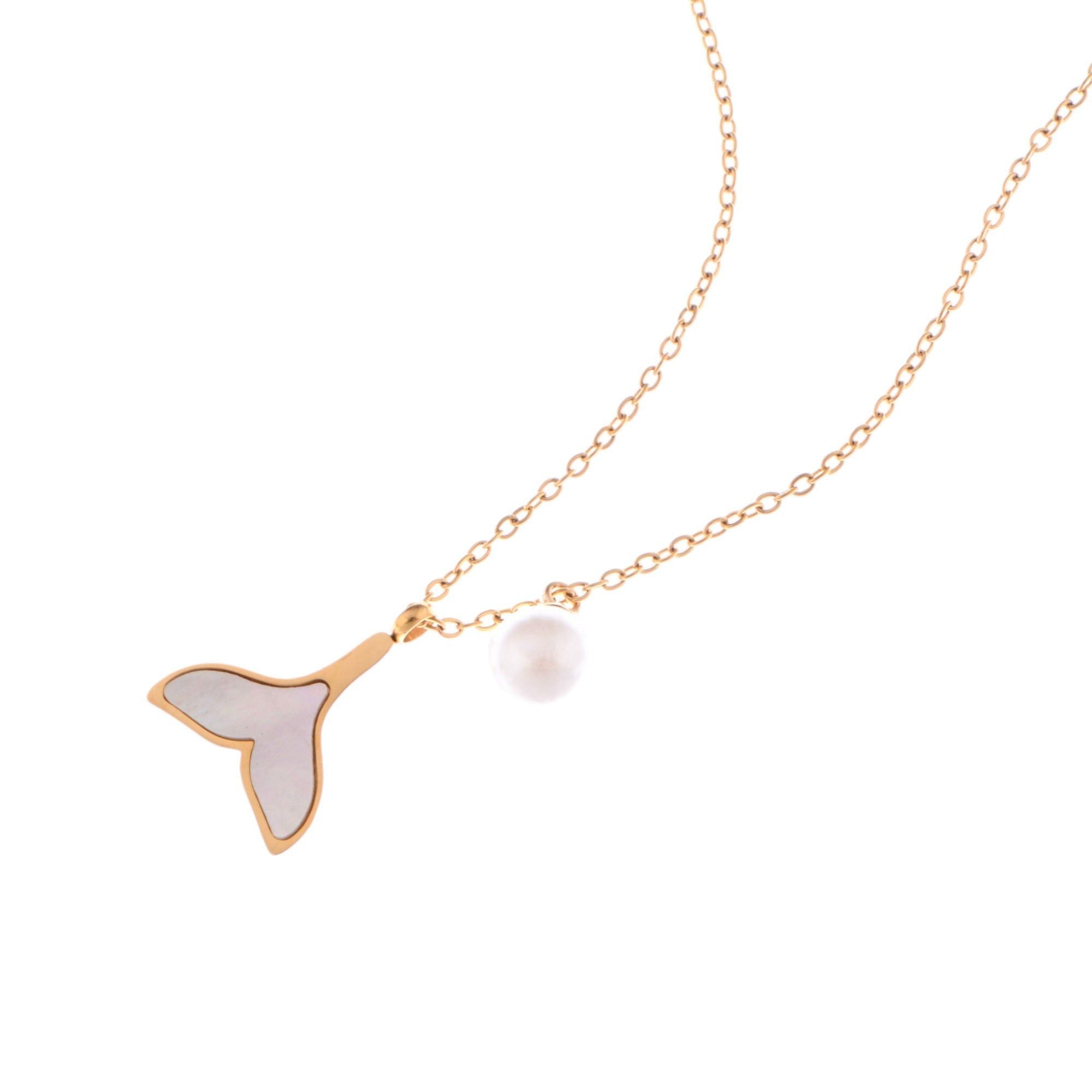 Gold Tone Mermaid Tail Fashion Necklace with Pearl Accent and Mother of Pearl Inlay